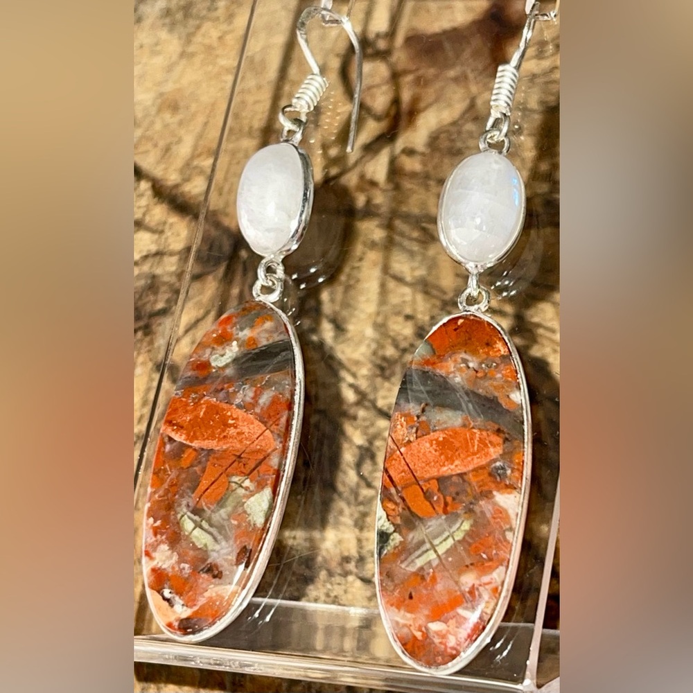 Rainbow Moonstone & Red Jasper Earrings 2 7/8”